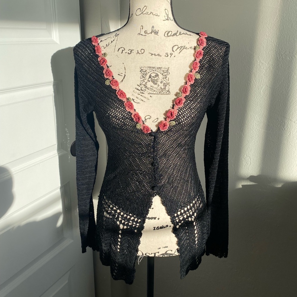 Vintage 90s Lacy Knit Cardigan with Crochet Rosettes